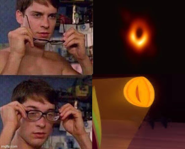 first ever black hole photo? i don't think so. | image tagged in spiderman glasses,bug fables,black hole first pic,black hole | made w/ Imgflip meme maker