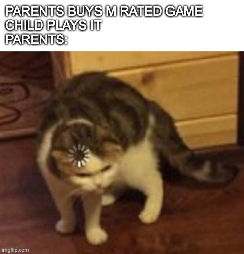 Loading cat | PARENTS BUYS M RATED GAME
CHILD PLAYS IT
PARENTS: | image tagged in loading cat | made w/ Imgflip meme maker