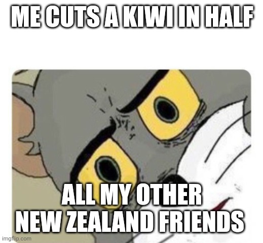 A title | ME CUTS A KIWI IN HALF; ALL MY OTHER NEW ZEALAND FRIENDS | image tagged in shocked tom | made w/ Imgflip meme maker