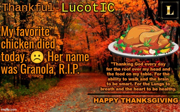 R.I.P Granola 2022-2022. She was 8 months old | My favorite chicken died today. ☹ Her name was Granola, R.I.P. | image tagged in lucotic thanksgiving announcement temp 11 | made w/ Imgflip meme maker