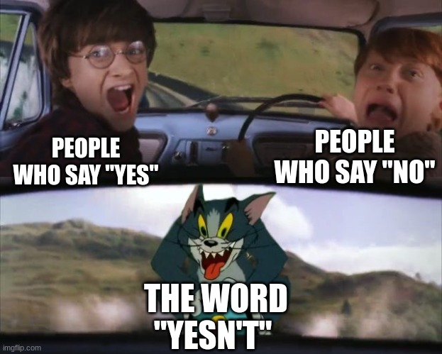 Tom chasing Harry and Ron Weasly | PEOPLE WHO SAY "NO"; PEOPLE WHO SAY "YES"; THE WORD "YESN'T" | image tagged in tom chasing harry and ron weasly | made w/ Imgflip meme maker