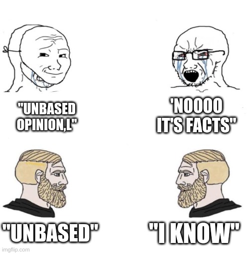 "UNBASED OPINION,L" 'NOOOO IT'S FACTS" "UNBASED" "I KNOW" | image tagged in chad we know | made w/ Imgflip meme maker