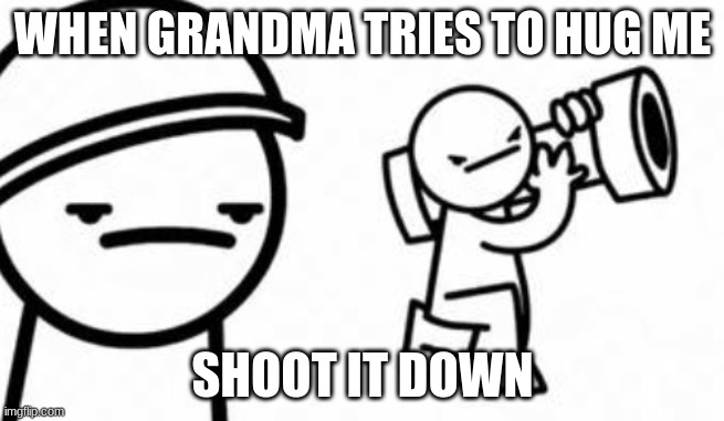 asdf funy | WHEN GRANDMA TRIES TO HUG ME; SHOOT IT DOWN | image tagged in asdf movie shoot it down | made w/ Imgflip meme maker