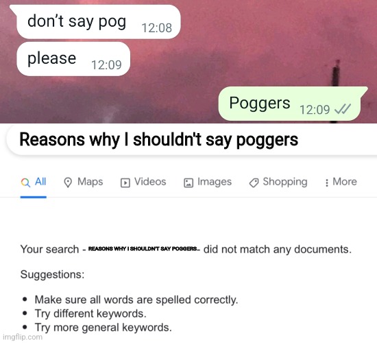 Reasons why I shouldn't say poggers; REASONS WHY I SHOULDN'T SAY POGGERS | image tagged in your search did not bring up any results,memes,text messages,true story,poggers | made w/ Imgflip meme maker