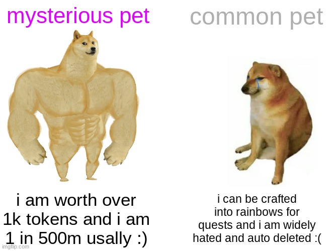 ROBLOX rebirth champions x meme rarity | mysterious pet; common pet; i am worth over 1k tokens and i am 1 in 500m usally :); i can be crafted into rainbows for quests and i am widely hated and auto deleted :( | image tagged in memes,buff doge vs cheems | made w/ Imgflip meme maker