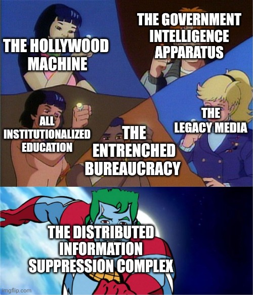The DISC |  THE HOLLYWOOD 
MACHINE; THE GOVERNMENT INTELLIGENCE APPARATUS; THE LEGACY MEDIA; ALL INSTITUTIONALIZED EDUCATION; THE ENTRENCHED BUREAUCRACY; THE DISTRIBUTED INFORMATION SUPPRESSION COMPLEX | image tagged in captain planet powers combined | made w/ Imgflip meme maker