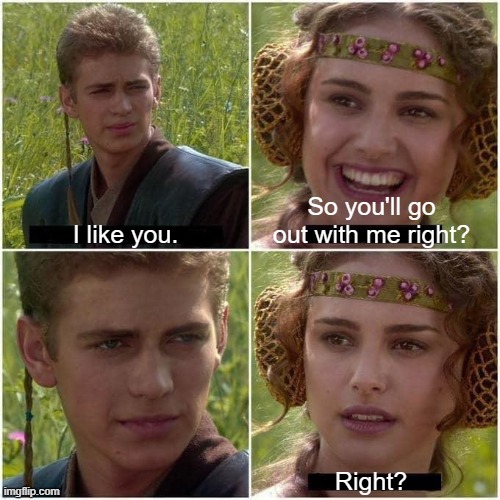 Nah, we're just besties, bruh. | I like you. So you'll go out with me right? Right? | image tagged in anakin and padme,memes,friendzoned,relatable | made w/ Imgflip meme maker