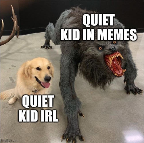 Goldens are very cute :D | QUIET KID IN MEMES; QUIET KID IRL | image tagged in dog vs werewolf | made w/ Imgflip meme maker