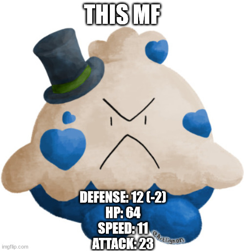 tim the fanct shroomish | THIS MF; DEFENSE: 12 (-2)
HP: 64
SPEED: 11
ATTACK: 23 | image tagged in tim the fanct shroomish | made w/ Imgflip meme maker