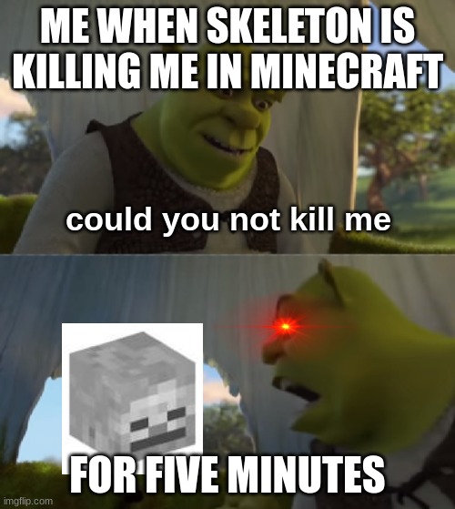 Shrek for 5 mins | ME WHEN SKELETON IS KILLING ME IN MINECRAFT; could you not kill me; FOR FIVE MINUTES | image tagged in shrek for 5 mins | made w/ Imgflip meme maker