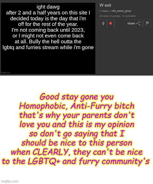 AND STAY OUT | Good stay gone you Homophobic, Anti-Furry bitch that's why your parents don't love you and this is my opinion so don't go saying that I should be nice to this person when CLEARLY, they can't be nice to the LGBTQ+ and furry community's | image tagged in get out | made w/ Imgflip meme maker