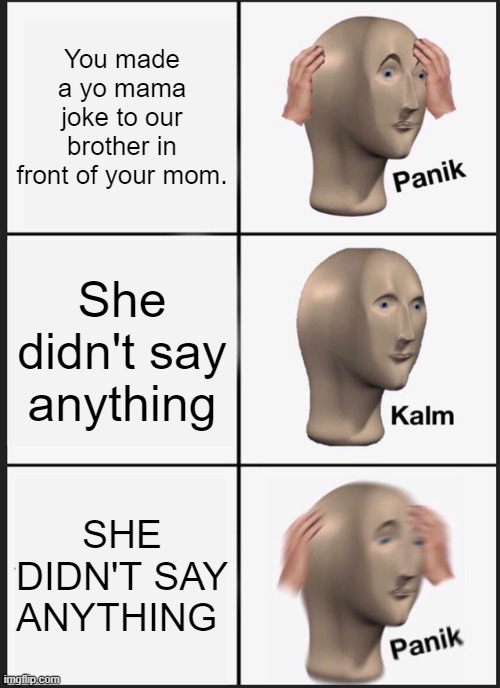 Should we worry? | You made a yo mama joke to our brother in front of your mom. She didn't say anything; SHE DIDN'T SAY ANYTHING | image tagged in memes,panik kalm panik | made w/ Imgflip meme maker