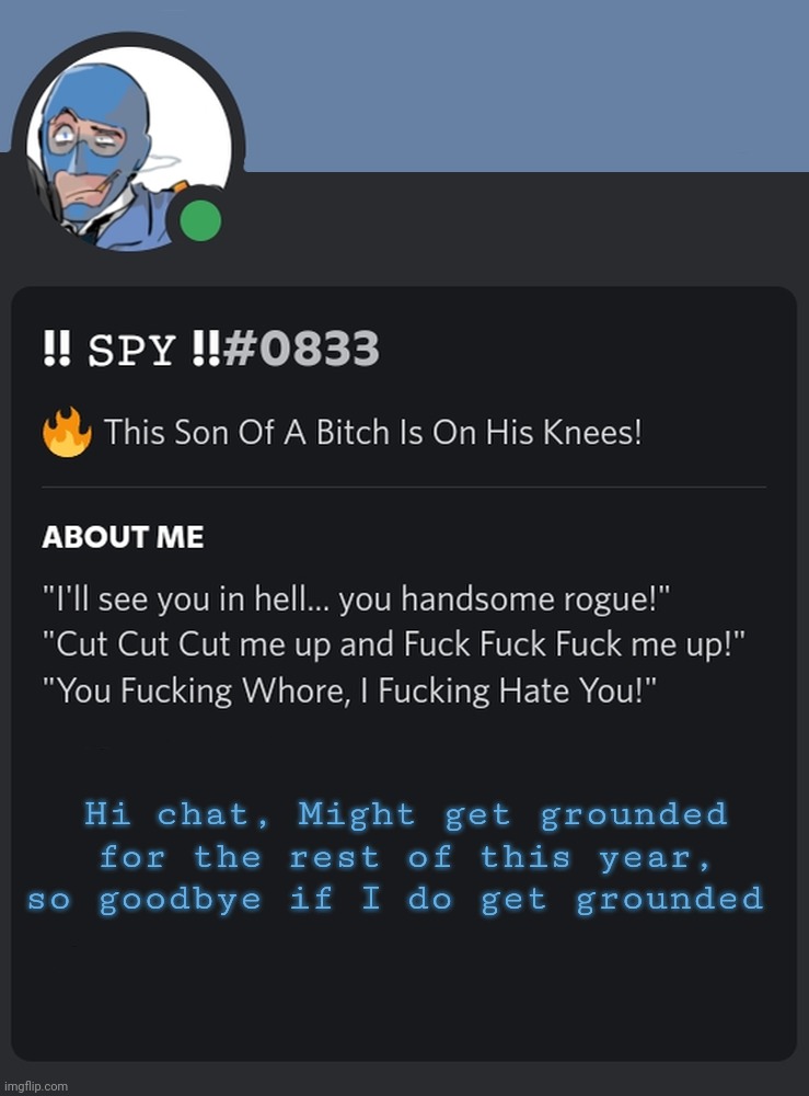 Hi chat, Might get grounded for the rest of this year, so goodbye if I do get grounded | image tagged in augh | made w/ Imgflip meme maker