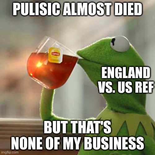 World cup 2022 | PULISIC ALMOST DIED; ENGLAND VS. US REF; BUT THAT'S NONE OF MY BUSINESS | image tagged in memes,but that's none of my business,kermit the frog | made w/ Imgflip meme maker