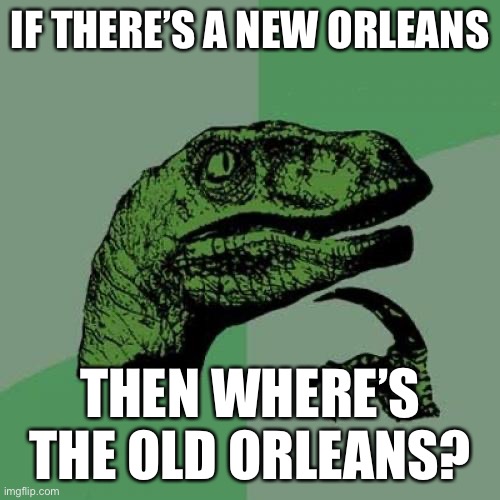 good point | IF THERE’S A NEW ORLEANS; THEN WHERE’S THE OLD ORLEANS? | image tagged in memes,philosoraptor | made w/ Imgflip meme maker
