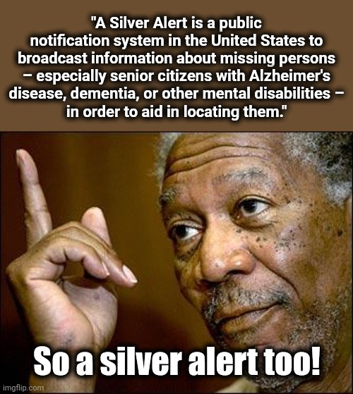 This Morgan Freeman | "A Silver Alert is a public notification system in the United States to broadcast information about missing persons – especially senior citi | image tagged in this morgan freeman | made w/ Imgflip meme maker