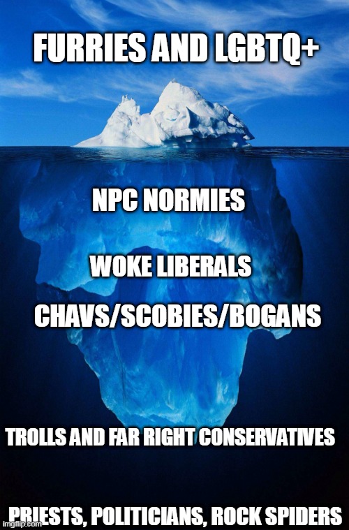 iceberg | FURRIES AND LGBTQ+; NPC NORMIES; WOKE LIBERALS; CHAVS/SCOBIES/BOGANS; TROLLS AND FAR RIGHT CONSERVATIVES; PRIESTS, POLITICIANS, ROCK SPIDERS | image tagged in iceberg | made w/ Imgflip meme maker