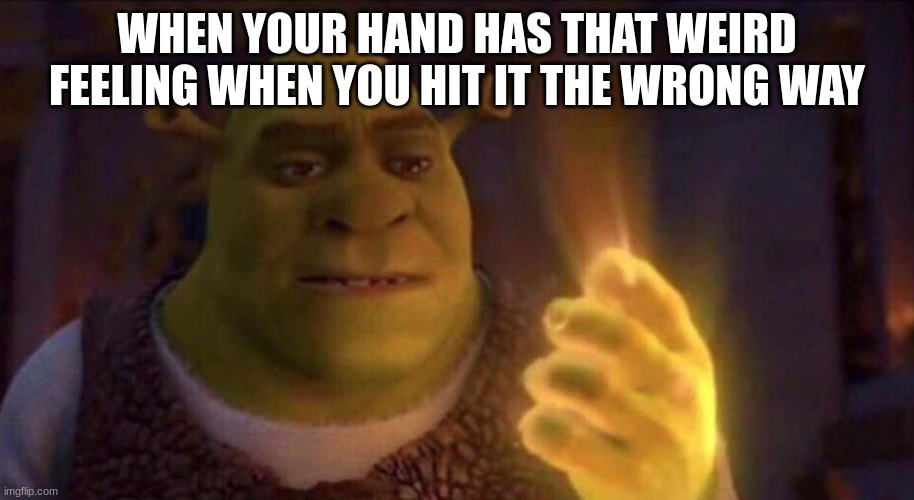 hate it when this happens | WHEN YOUR HAND HAS THAT WEIRD FEELING WHEN YOU HIT IT THE WRONG WAY | image tagged in shrek glowing hand | made w/ Imgflip meme maker