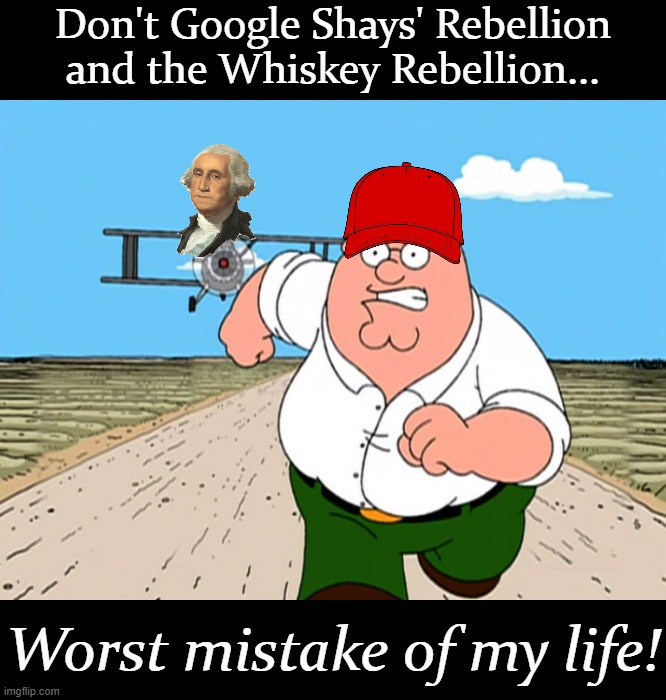 How George Washington crushed early insurrections by anti-tax, self-styled "patriots" | Don't Google Shays' Rebellion and the Whiskey Rebellion... Worst mistake of my life! | image tagged in maga peter griffin worst mistake of my life,george washington,washington,maga,history,historical meme | made w/ Imgflip meme maker