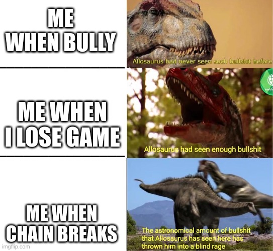 Ah yes. R a g e l e v e l s | ME WHEN BULLY; ME WHEN I LOSE GAME; ME WHEN CHAIN BREAKS | image tagged in raging allosaurus | made w/ Imgflip meme maker