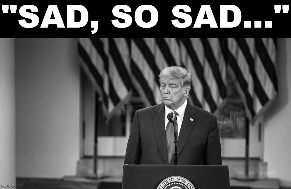 Donald Trump black & white | "SAD, SO SAD..." | image tagged in donald trump black white | made w/ Imgflip meme maker