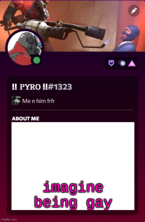 pyro's discord temp (i'm not copying spy i swear/j) | imagine being gay | image tagged in pyro's discord temp i'm not copying spy i swear/j | made w/ Imgflip meme maker