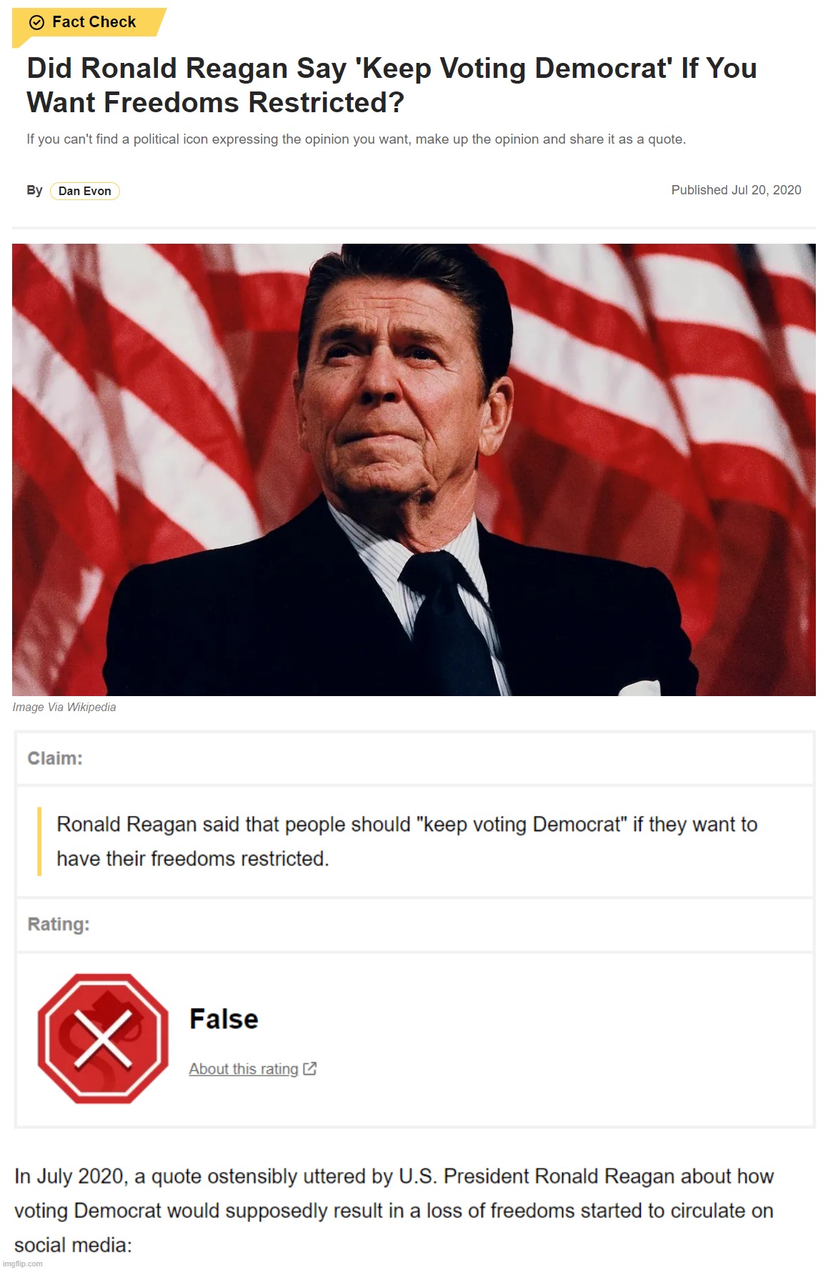 Nope. He never said it. | image tagged in ronald reagan false quote debunked | made w/ Imgflip meme maker