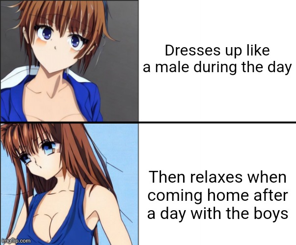 Anime Tomboy | Dresses up like a male during the day; Then relaxes when coming home after a day with the boys | image tagged in anime tomboy | made w/ Imgflip meme maker