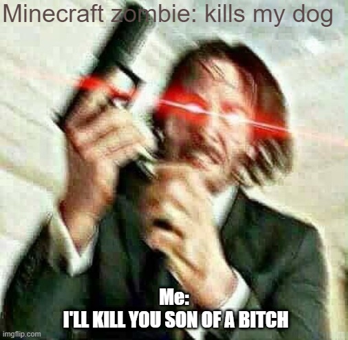 John wick | Minecraft zombie: kills my dog; Me:
 I'LL KILL YOU SON OF A BITCH | image tagged in john wick | made w/ Imgflip meme maker