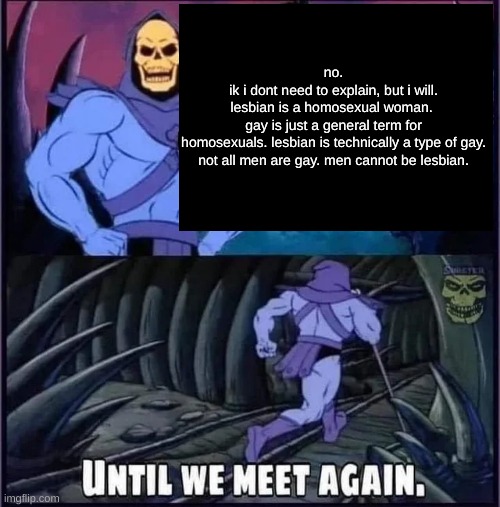 Until we meet again. | no.
ik i dont need to explain, but i will.
lesbian is a homosexual woman. 
gay is just a general term for homosexuals. lesbian is technicall | image tagged in until we meet again | made w/ Imgflip meme maker