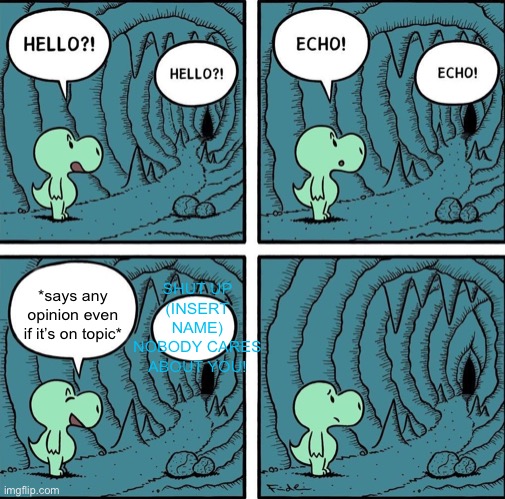 Echo |  SHUT UP (INSERT NAME) NOBODY CARES ABOUT YOU! *says any opinion even if it’s on topic* | image tagged in echo | made w/ Imgflip meme maker