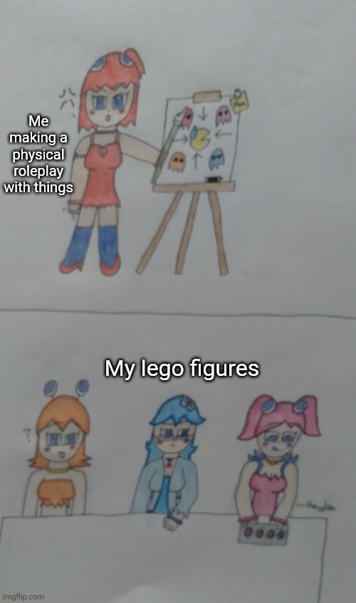 New template ^^ | Me making a physical roleplay with things; My lego figures | image tagged in blinky explaining to their friends | made w/ Imgflip meme maker