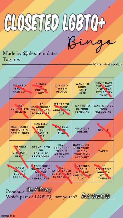 Ngl, kinda wish I wasn’t aroace but I’m still rocking being aroace- | He/They; Aroace | image tagged in closeted lgbtq bingo | made w/ Imgflip meme maker