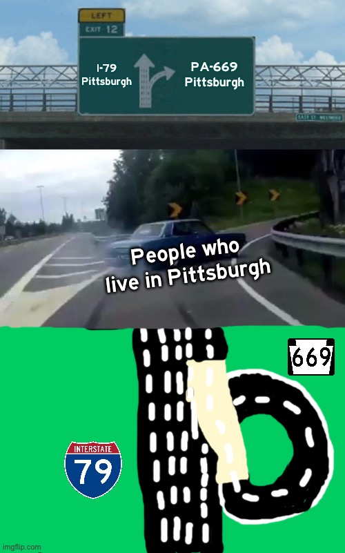 I-79 Pittsburgh; PA-669 Pittsburgh; People who live in Pittsburgh | image tagged in memes,left exit 12 off ramp | made w/ Imgflip meme maker