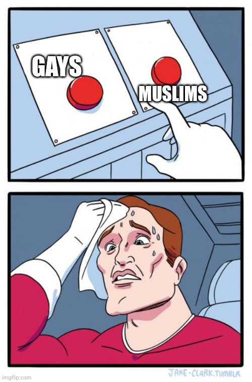 Button struggle | MUSLIMS; GAYS | image tagged in button struggle | made w/ Imgflip meme maker