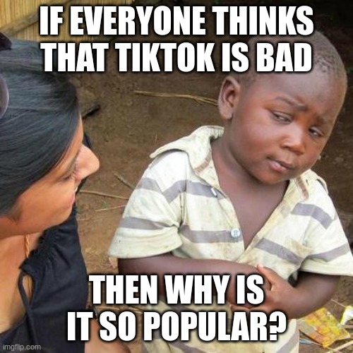 Third World Skeptical Kid | IF EVERYONE THINKS THAT TIKTOK IS BAD; THEN WHY IS IT SO POPULAR? | image tagged in memes,third world skeptical kid | made w/ Imgflip meme maker