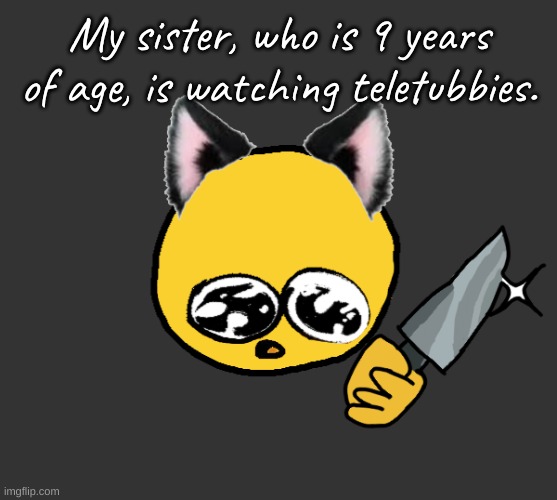 screaming crying shitting my pants | My sister, who is 9 years of age, is watching teletubbies. | image tagged in no bitches | made w/ Imgflip meme maker