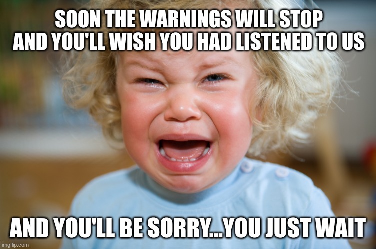 temper-tantrum | SOON THE WARNINGS WILL STOP AND YOU'LL WISH YOU HAD LISTENED TO US; AND YOU'LL BE SORRY...YOU JUST WAIT | image tagged in temper-tantrum | made w/ Imgflip meme maker