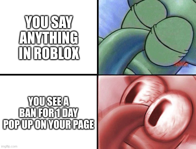 I got a 1 day ban once :( | YOU SAY ANYTHING IN ROBLOX; YOU SEE A BAN FOR 1 DAY POP UP ON YOUR PAGE | image tagged in sleeping squidward | made w/ Imgflip meme maker