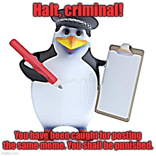 Police Penguin Template | Halt, criminal! You have been caught for posting the same meme. You shall be punished. | image tagged in police penguin template | made w/ Imgflip meme maker