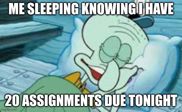 every student will relate | ME SLEEPING KNOWING I HAVE; 20 ASSIGNMENTS DUE TONIGHT | image tagged in memes,squidward,sleep,school | made w/ Imgflip meme maker