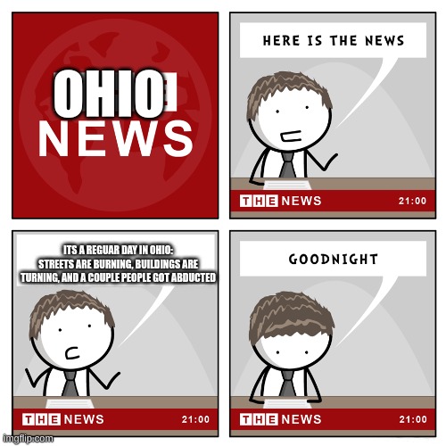 normal day in ohio | OHIO; ITS A REGUAR DAY IN OHIO: STREETS ARE BURNING, BUILDINGS ARE TURNING, AND A COUPLE PEOPLE GOT ABDUCTED | image tagged in the news,ohio | made w/ Imgflip meme maker