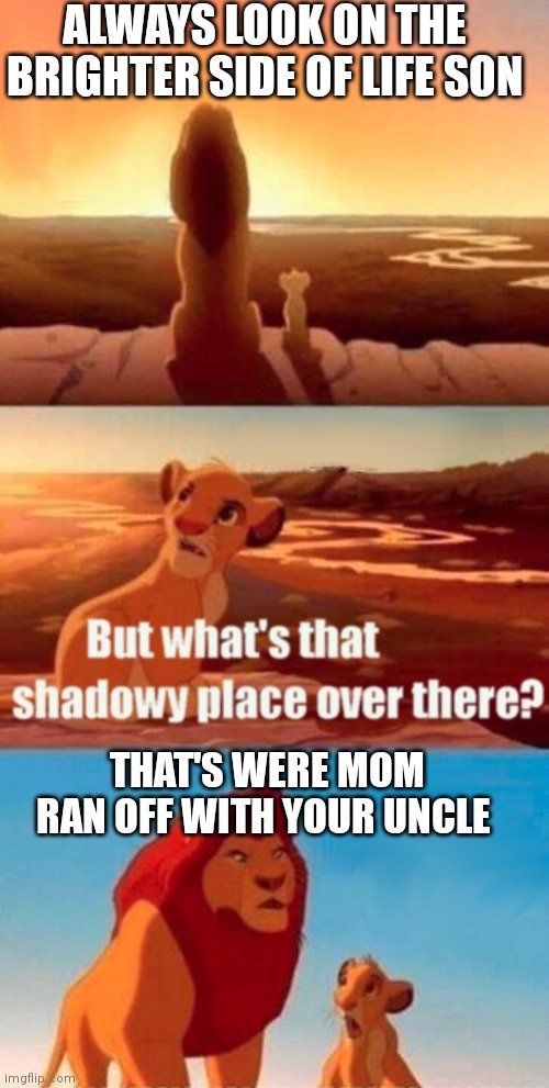 Simba Shadowy Place | ALWAYS LOOK ON THE BRIGHTER SIDE OF LIFE SON; THAT'S WERE MOM RAN OFF WITH YOUR UNCLE | image tagged in memes,simba shadowy place | made w/ Imgflip meme maker