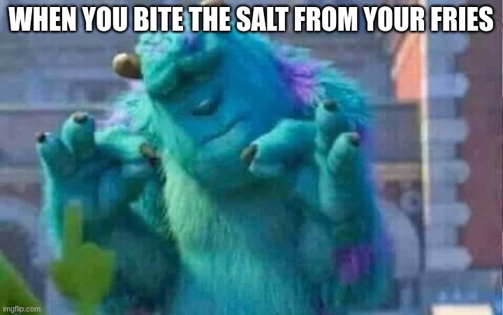 What place can you fries with salt in it? | WHEN YOU BITE THE SALT FROM YOUR FRIES | image tagged in sully shutdown | made w/ Imgflip meme maker
