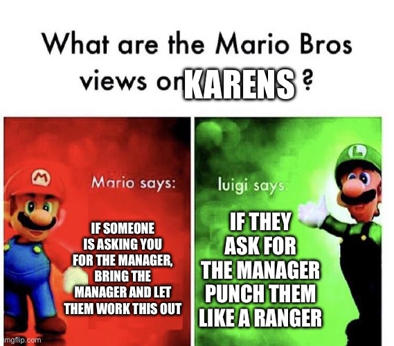 Their views | KARENS; IF SOMEONE IS ASKING YOU FOR THE MANAGER, BRING THE MANAGER AND LET THEM WORK THIS OUT; IF THEY ASK FOR THE MANAGER PUNCH THEM LIKE A RANGER | image tagged in mario bros views | made w/ Imgflip meme maker