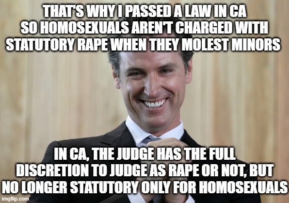 Scheming Gavin Newsom  | THAT'S WHY I PASSED A LAW IN CA SO HOMOSEXUALS AREN'T CHARGED WITH STATUTORY RAPE WHEN THEY MOLEST MINORS IN CA, THE JUDGE HAS THE FULL DISC | image tagged in scheming gavin newsom | made w/ Imgflip meme maker