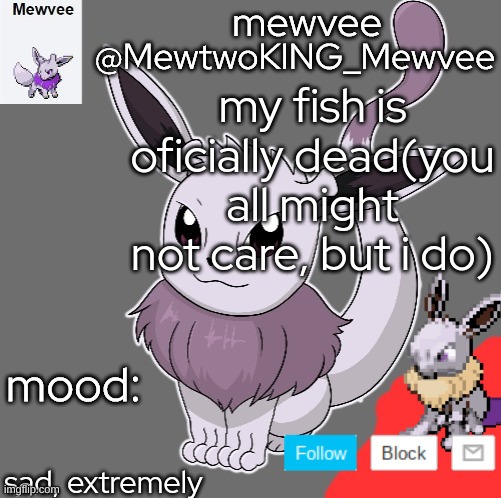 The squad pet is gone | my fish is oficially dead(you all might not care, but i do); sad, extremely | image tagged in mewtwoking_mewvee | made w/ Imgflip meme maker