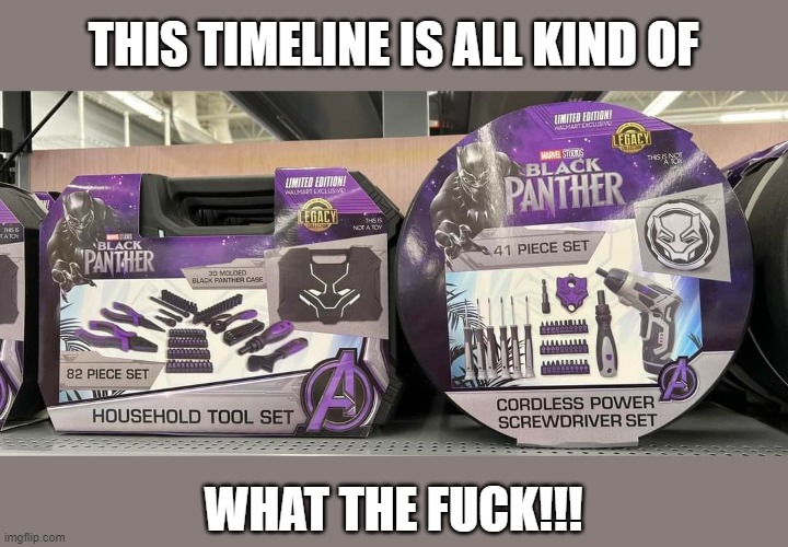 THIS TIMELINE IS ALL KIND OF; WHAT THE FUCK!!! | image tagged in black panther,tools,clown world | made w/ Imgflip meme maker