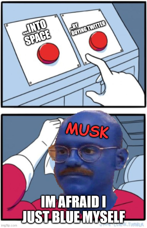 Musk Blue Himself | ...BY BUYING TWITTER; ...INTO SPACE; MUSK; IM AFRAID I JUST BLUE MYSELF | image tagged in elon musk,blue,elon musk buying twitter | made w/ Imgflip meme maker