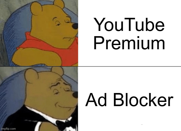 youtube | YouTube Premium; Ad Blocker | image tagged in memes,tuxedo winnie the pooh | made w/ Imgflip meme maker